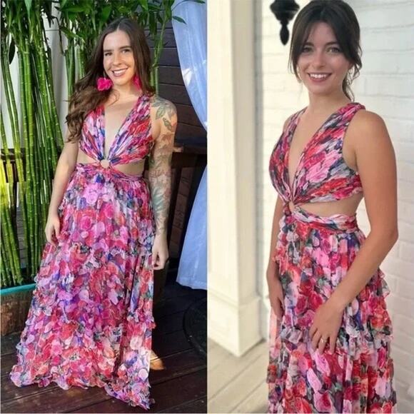 MAC DUGGAL Pink Purple Floral Cutout Back 68076 Sleeveless Gown Dress Size 6 - Picture 11 of 16